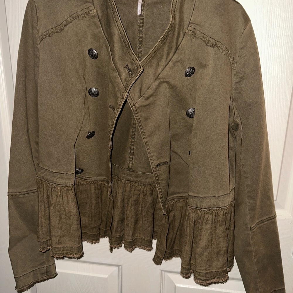 Free People green Khaki Double-Breasted Utility Jacket S Boho Military style